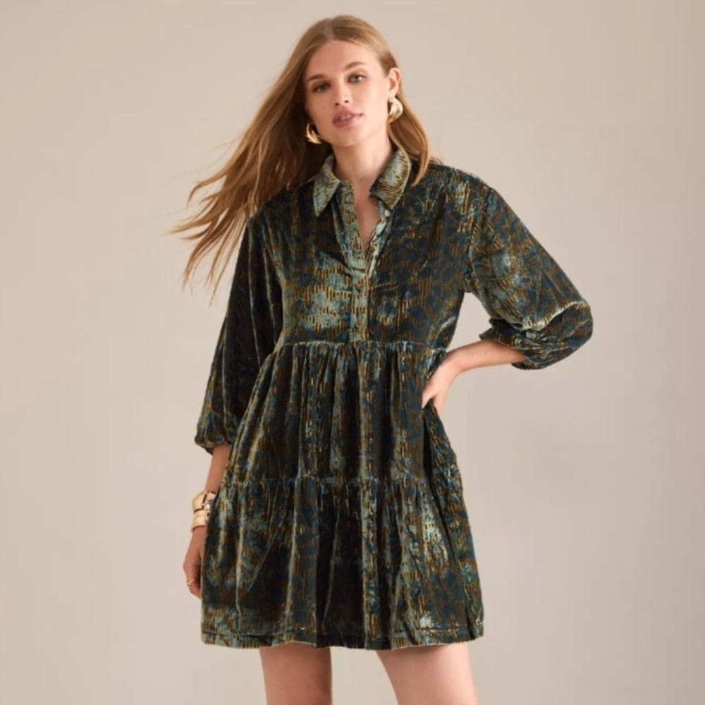 Anthropologie THE BETTINA TIERED SHIRT DRESS BY MAEVE: MINI VELVET EDITION